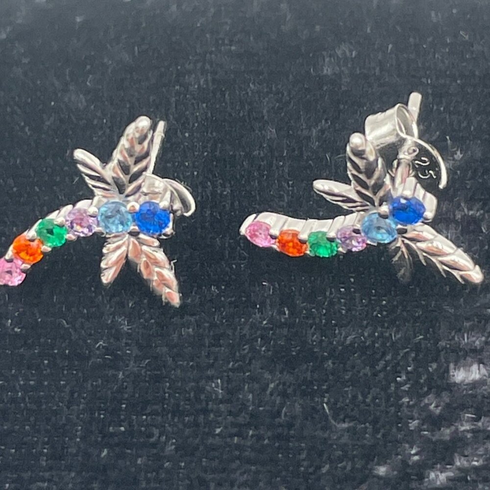 Dragonfly Rainbow Gemstone Leaf Stud Earrings 925 Silver
